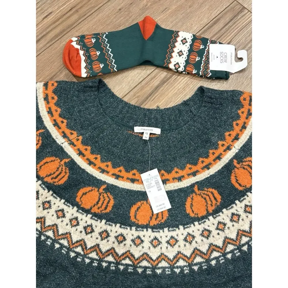 Maurices Cozy Pumpkin Fair Isle Sweater Green and Orange & Socks - Picture 2 of 5